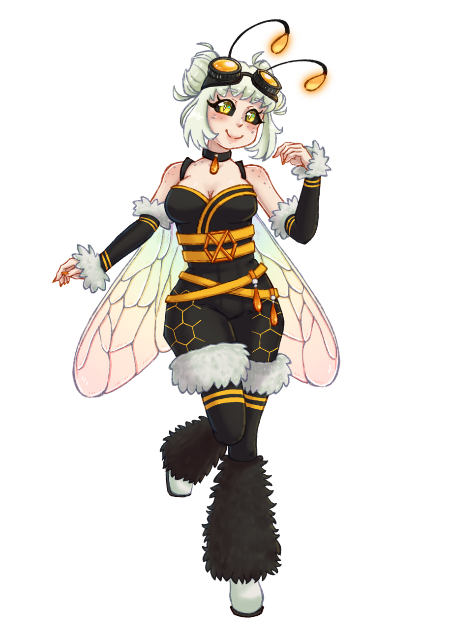 Art of Lumiibee - an anime girl with glowing antenna and bee wings looks cheerfully at the viewer. She wears her hair up in two messy buns and her clothes are adorned with fluffy accents.